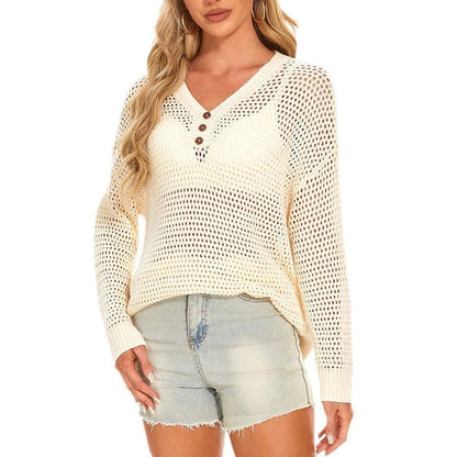 Damen Strickpullover Luftig Dekorative Knöpfe Beige