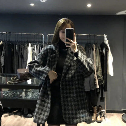 Damen Oversized Karomantel Doppelter Knopfleiste Norvielle