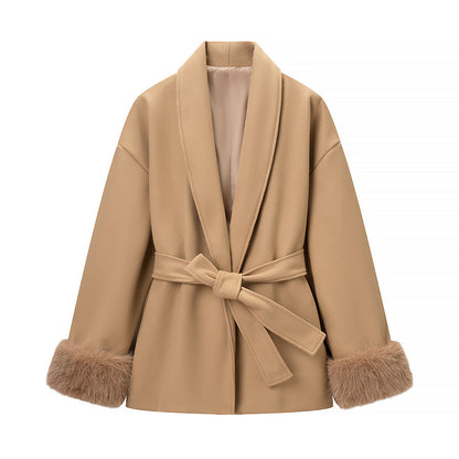 Damen Modische Jacke Weichgefütterter Kragen Bindegürtel Norvielle