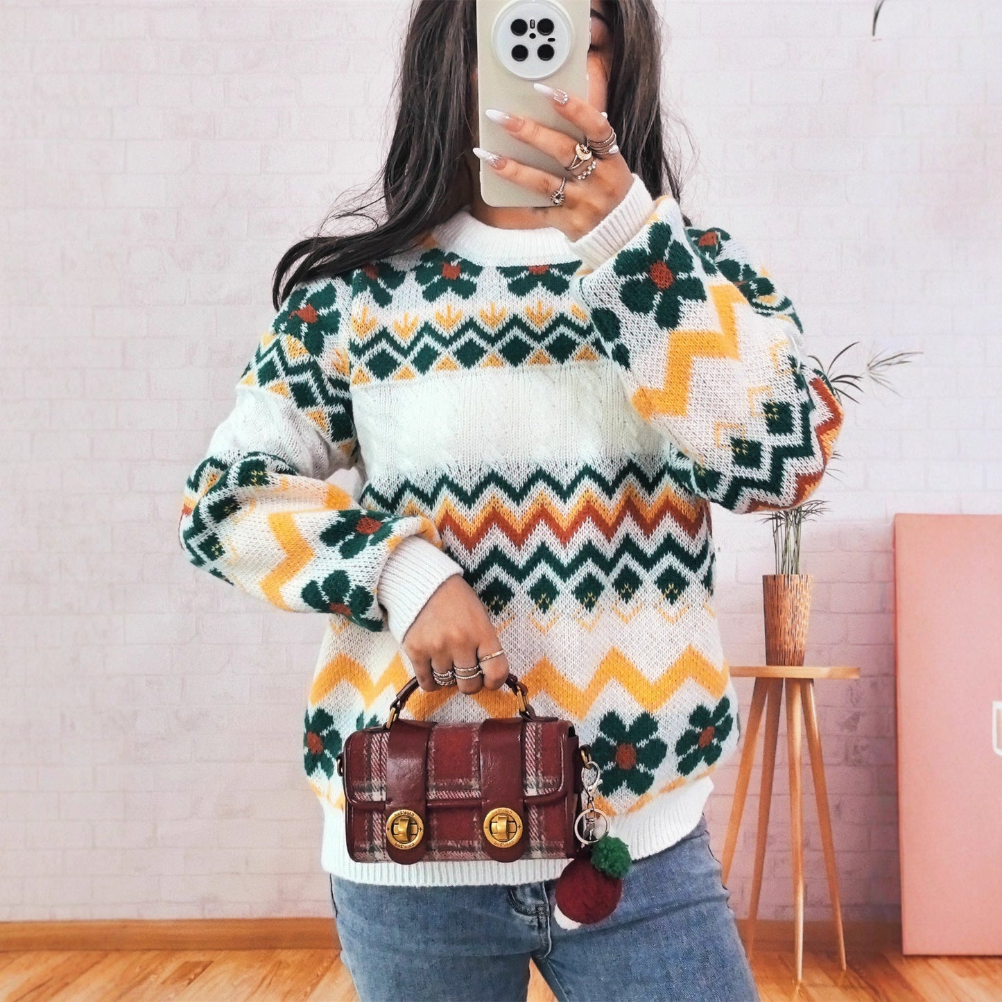 Damen Grobstrickpullover Bunt Geometrisches Muster