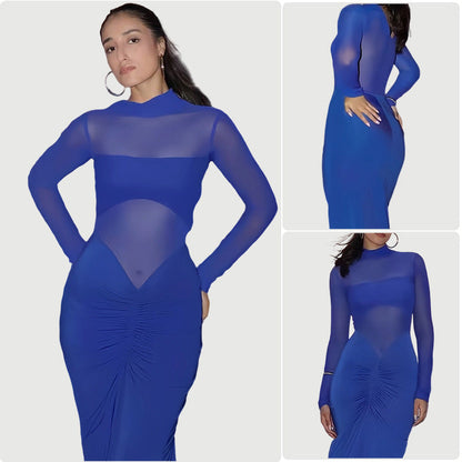 Damen Elegantes Maxikleid mit transparenten Ärmeln und Drapierung - Norvielle