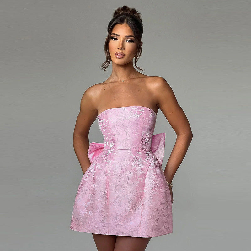 Champagnerfarbenes Damen Abendkleid Schulterfrei Mit Schleife