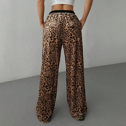 Damen Loungehosen Leopardenmuster Elastischer Bund Weite Bein