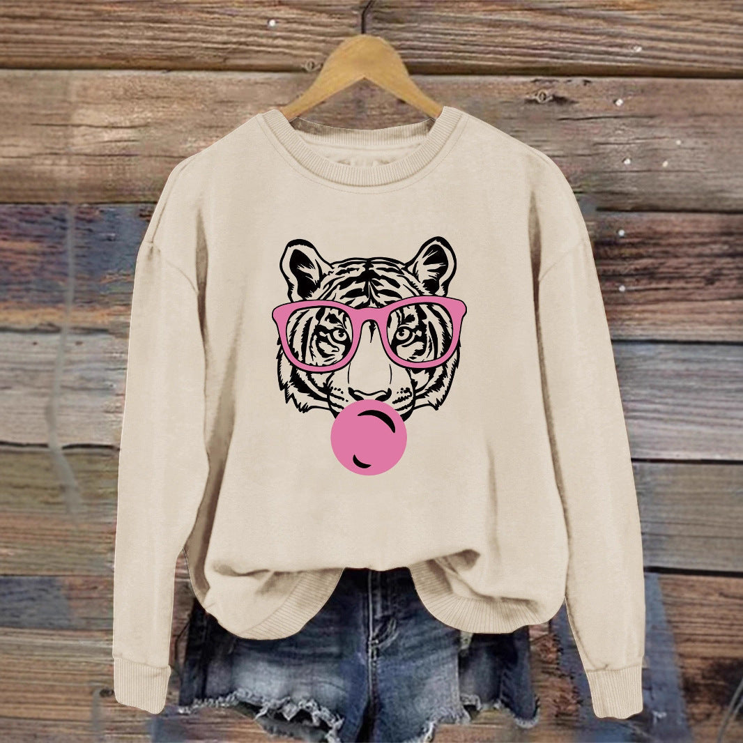 Damen Sweatshirt Tiger-Design Lässig Grau