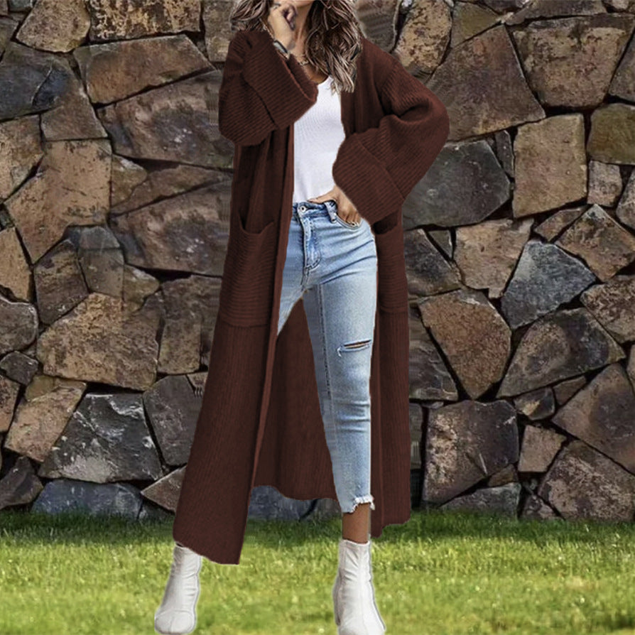 Damen Strickmantel Grobstrick Lässiger Schnitt Tiefen Taschen