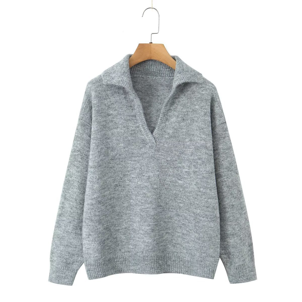 Damen Strickpullover Stehkragen V-Ausschnitt Norvielle