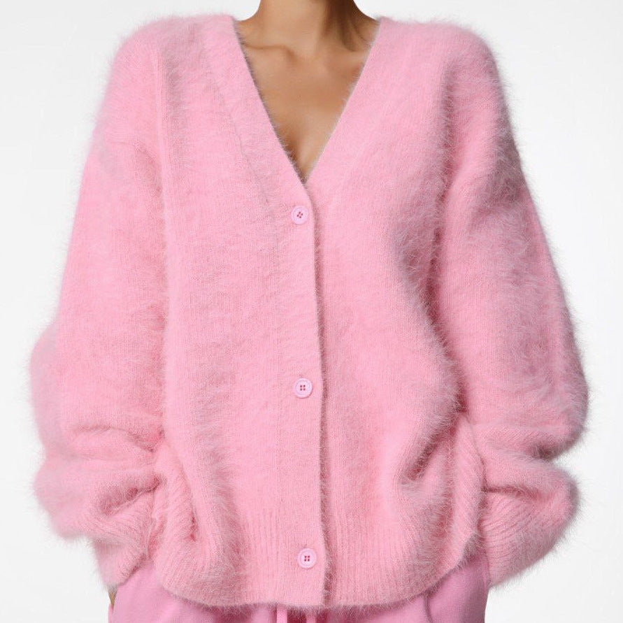 Damen Strickjacke Mohair-Mix V-Ausschnitt Knöpfe Anthrazit