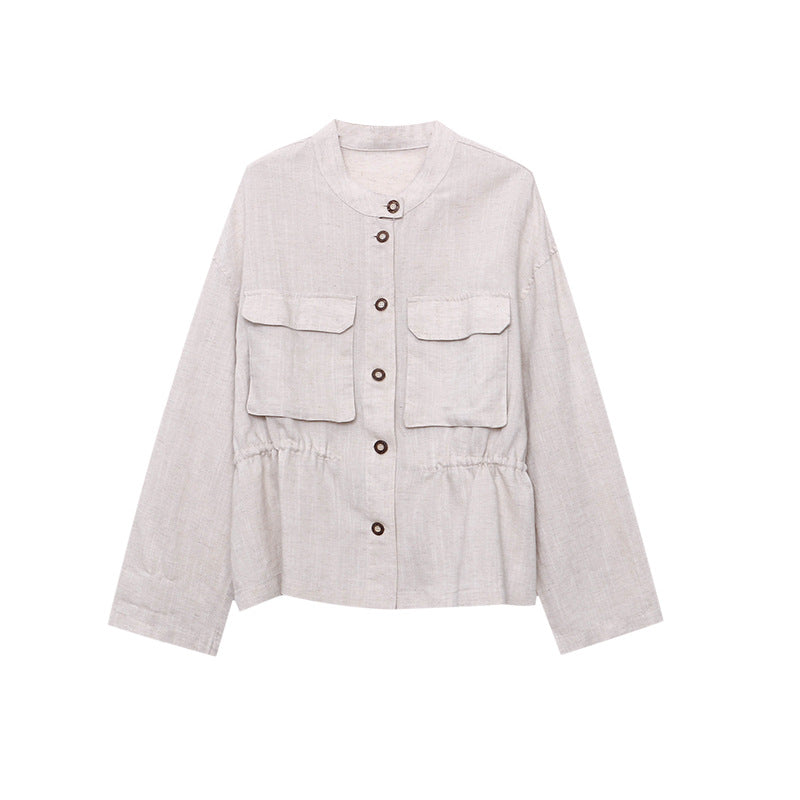 Damen Leinenjacke Mit Stehkragen Und Taschen Beige