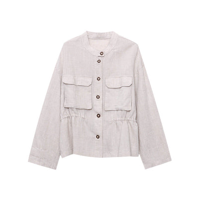 Damen Leinenjacke Mit Stehkragen Und Taschen Beige
