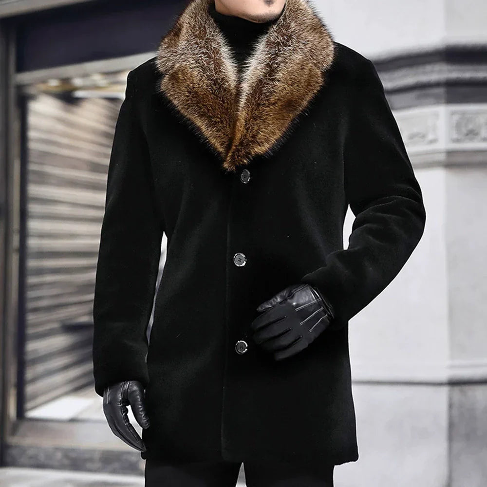 Herren Mantel Slim Fit Wolle V-Fellkragen Schwarz - Norvielle