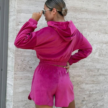Damen Velours Loungewear Set mit Reißverschluss Elastisch