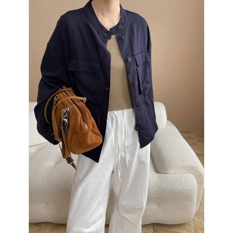 Damen Leinenjacke Mit Stehkragen Und Taschen Beige