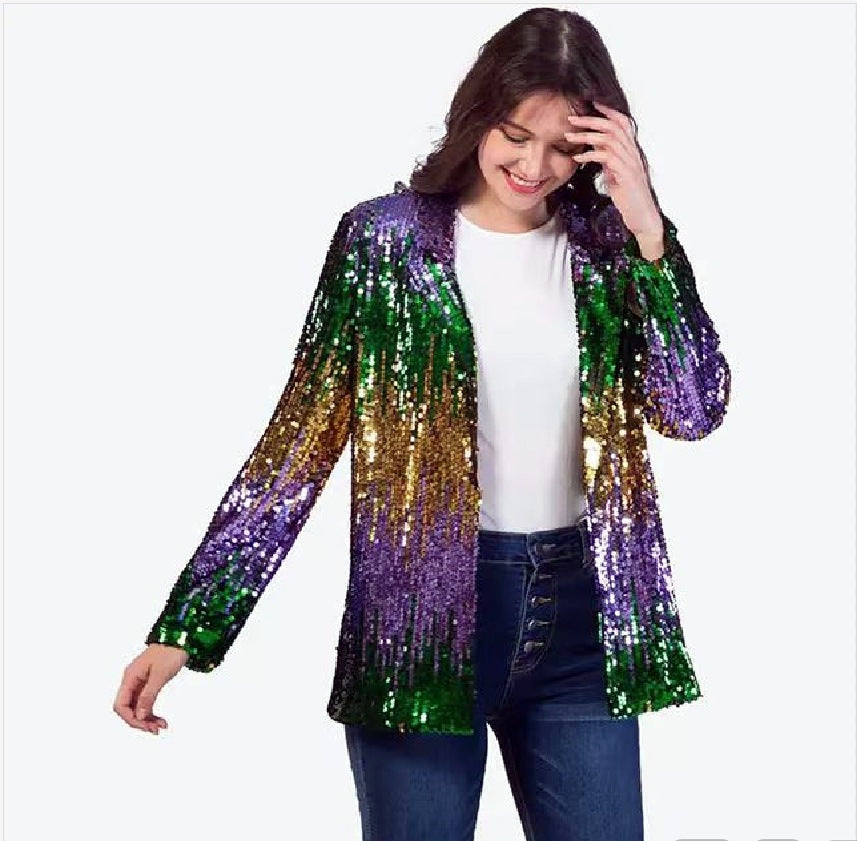 Damen Glitzerjacke Pailletten Langer Arm Offener Schnitt Norvielle
