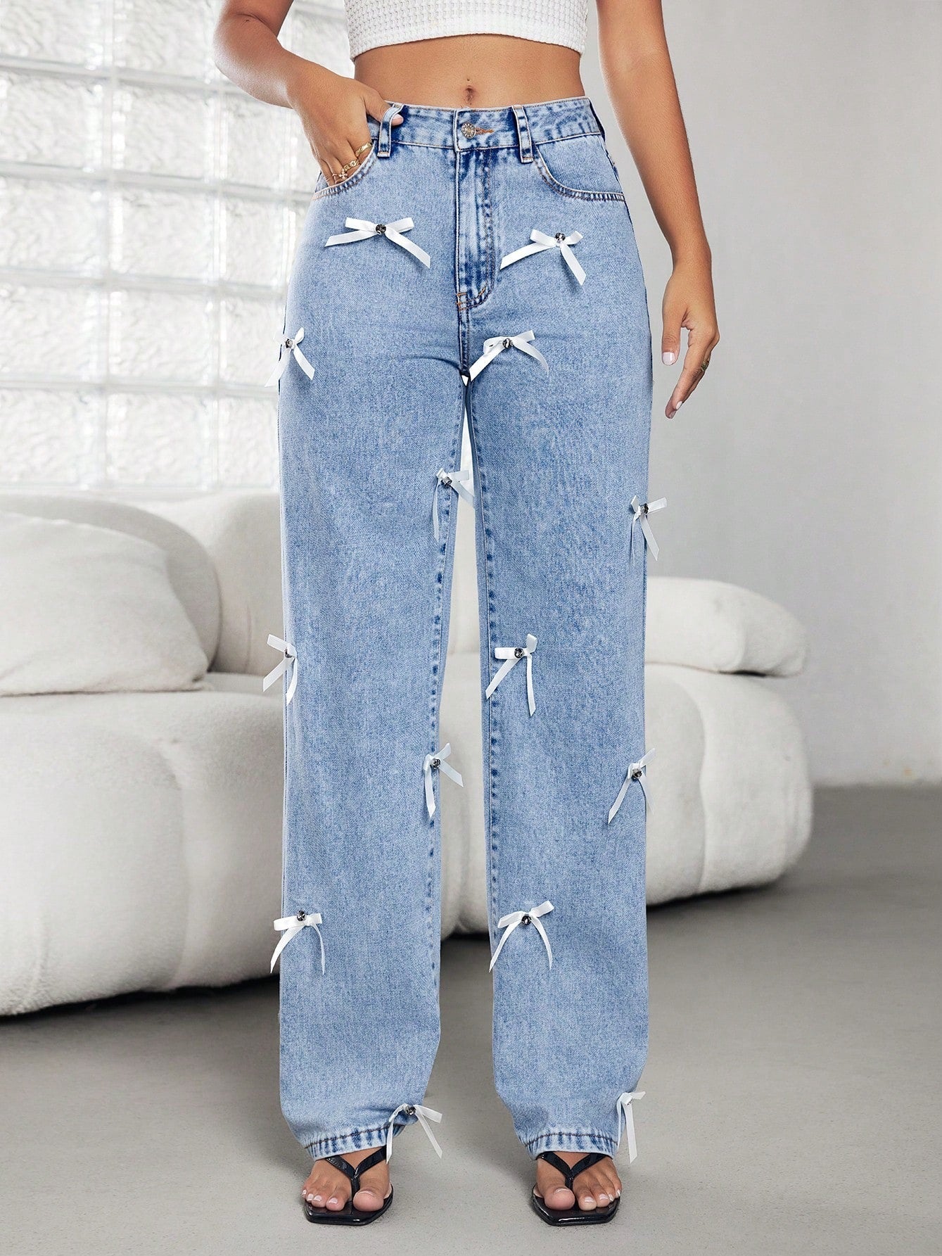 Damen Weite Jeans Dekorative Schleifen