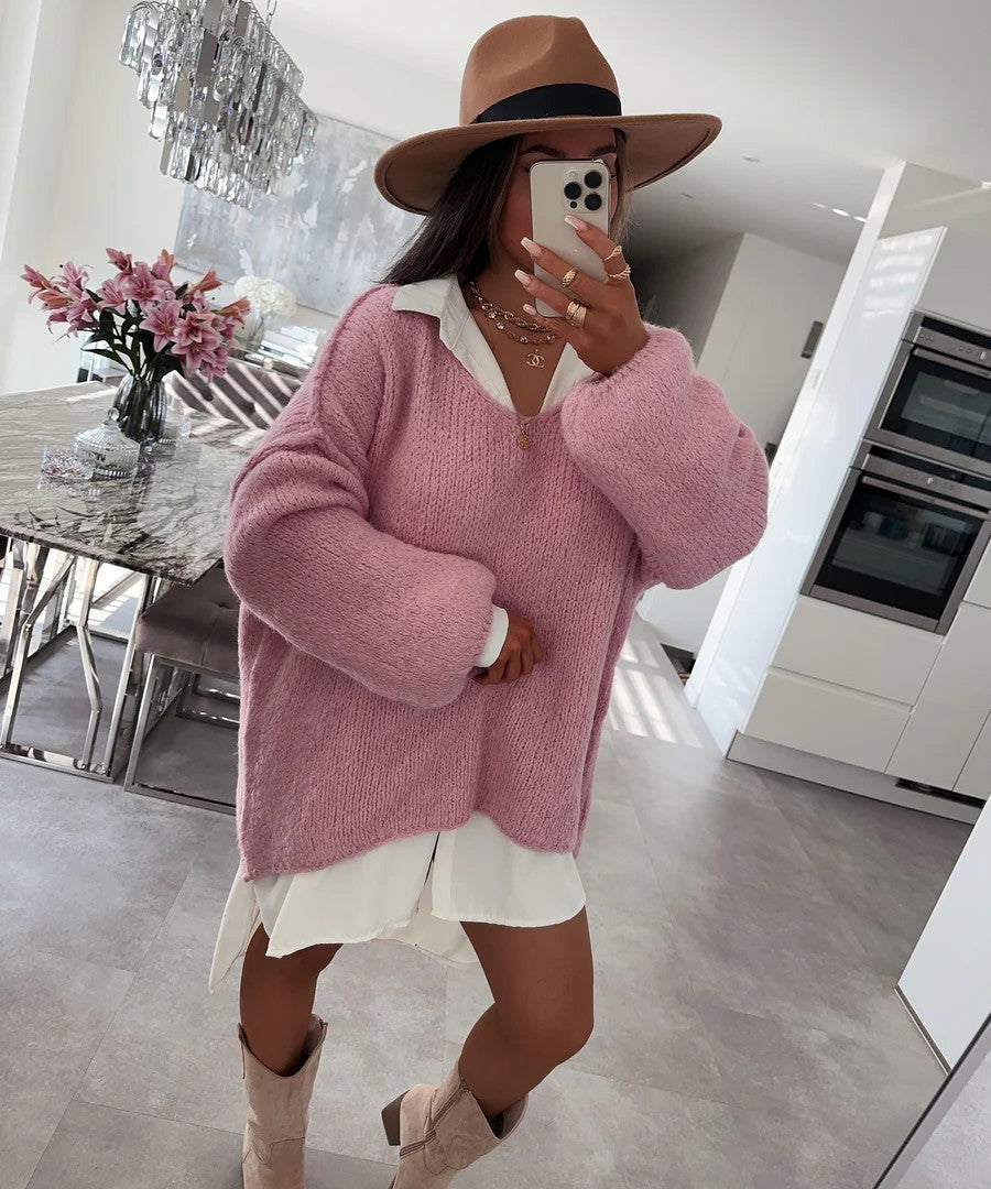 Damen Oversized Pullover Weich Voluminöse Ärmel Beige