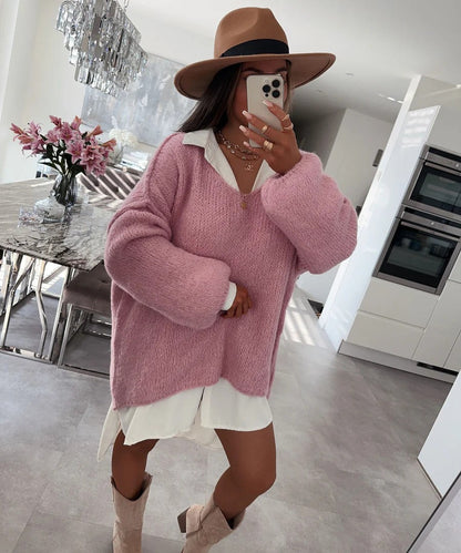 Damen Oversized Pullover Weich Voluminöse Ärmel Beige