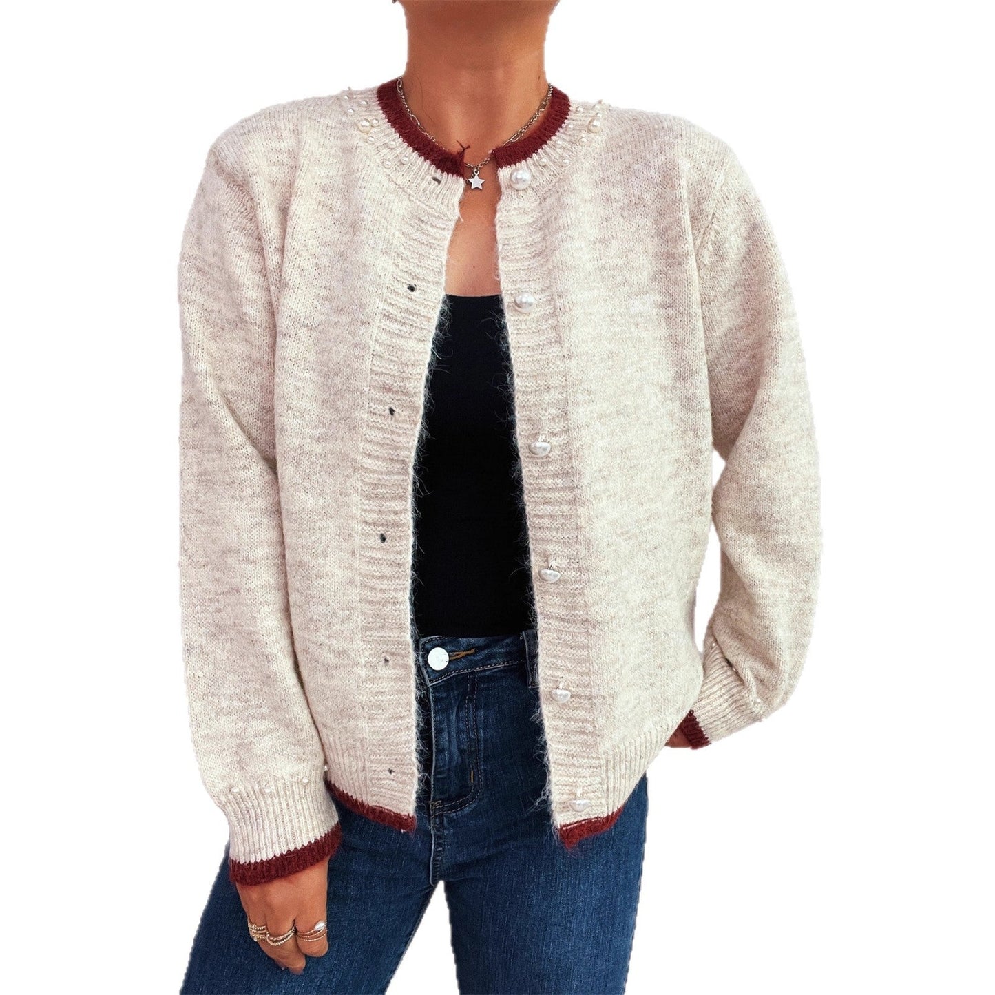 Damen Strickjacke mit Perlenverzierungen und Knöpfen