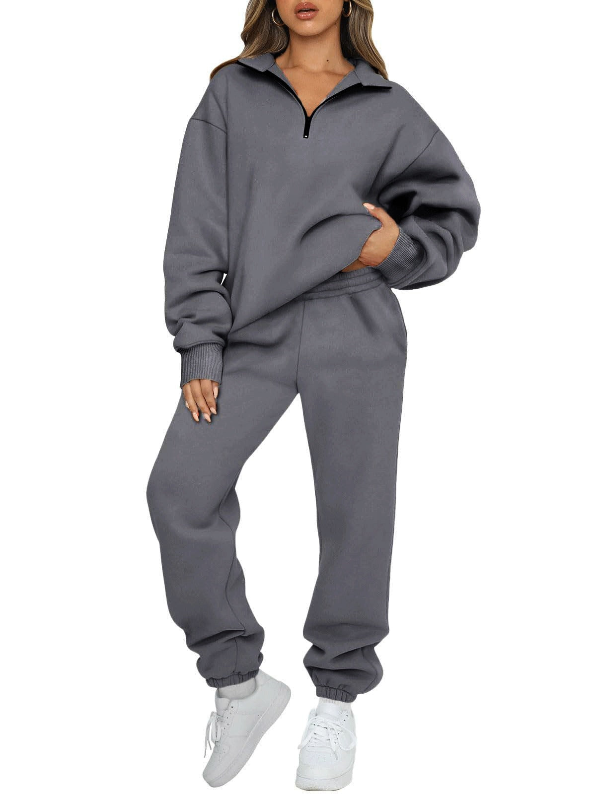 Damen Sweatpants-Set Stehkragen Kängurutasche Norvielle