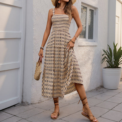 Damen Maxikleid Strukturierte Rüschen Geometrie-Druck Norvielle