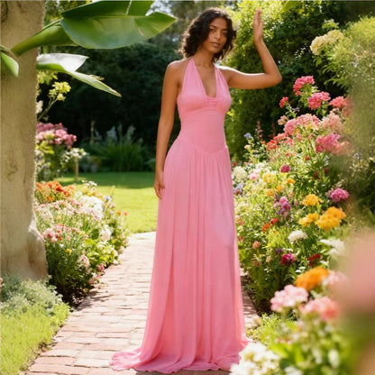Damen Maxi-Kleid Neckholder Design Fließend Norvielle - Norvielle