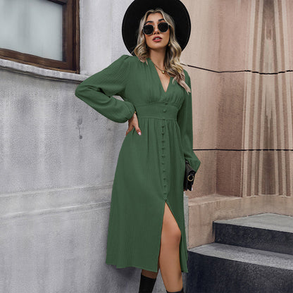 Damen Midikleid V-Ausschnitt Knöpfe