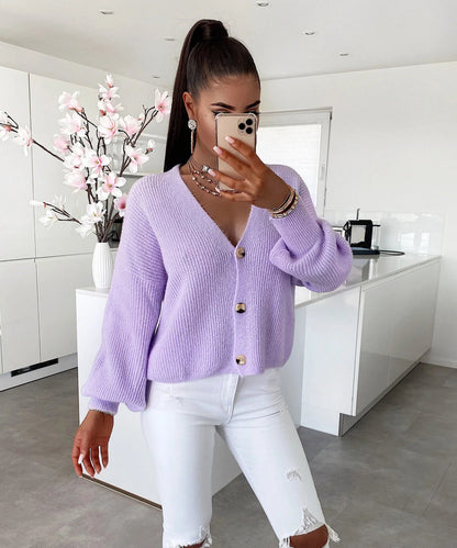 Damen Strickjacke Großknöpfe Lockere Ärmel Beige