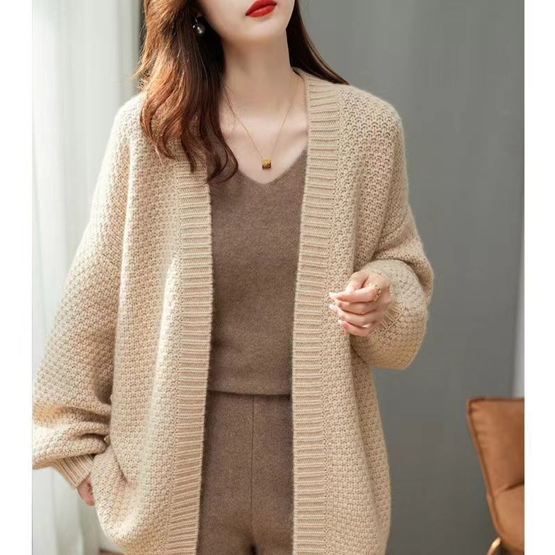 Damen Strickcardigan Oversized Lässig Vielfältige Texturen Beige - Norvielle