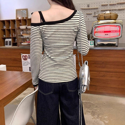 Damen Langarmshirt Schulterfrei Baumwolle Weiß