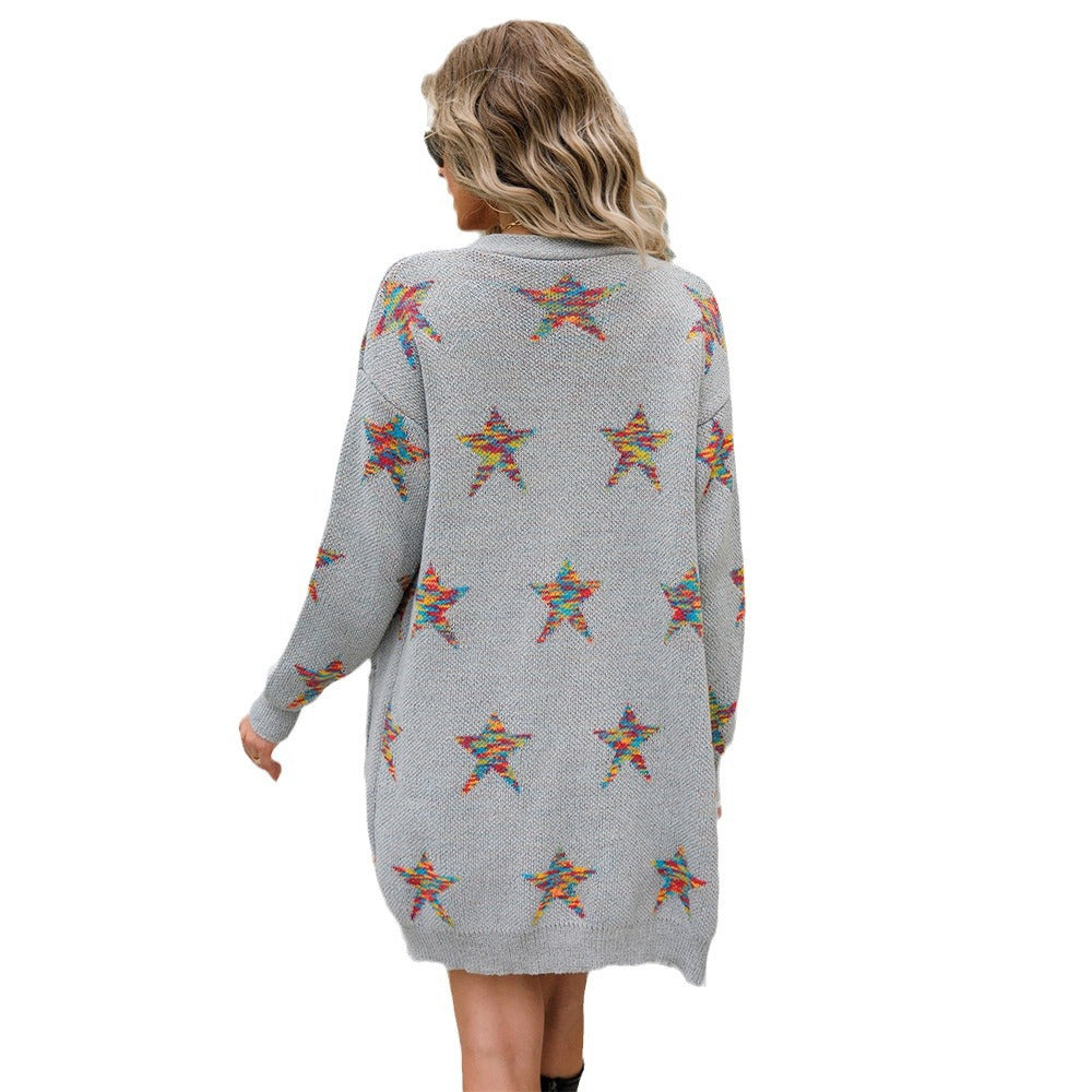 Damen Strickjacke bunt mit Sternenapplikationen