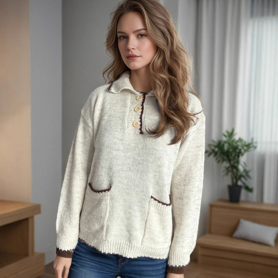 Damen Strickpullover Lässig Knopfleiste Taschen Beige - Norvielle