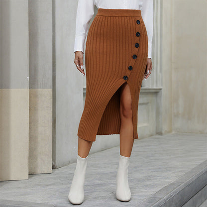Damen Strickrock Mit Seitlichem Schlitz Dekorative Knöpfe Norvielle - Norvielle