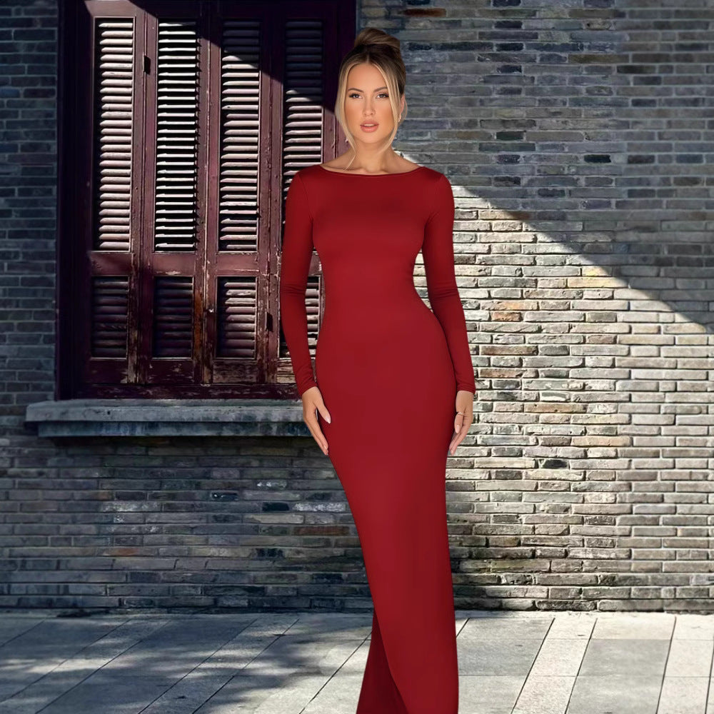 Damen Maxikleid Langarm Elegantes V-Ausschnitt