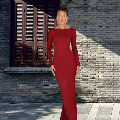 Damen Maxikleid Langarm Elegantes V-Ausschnitt