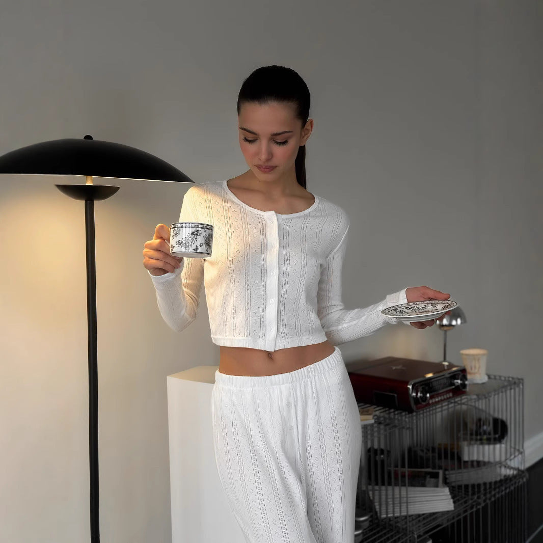 Damen Lounge-Set Leichtes Strick Oberteil und Hose Beige