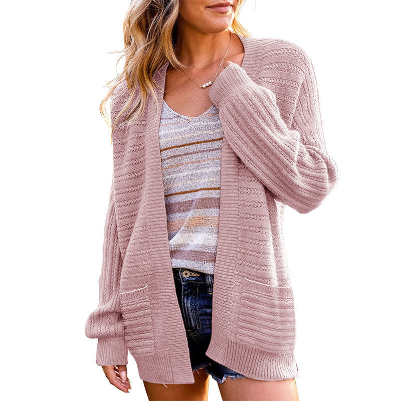 Damen Strickjacke Offen Vorne Strukturiert Beige