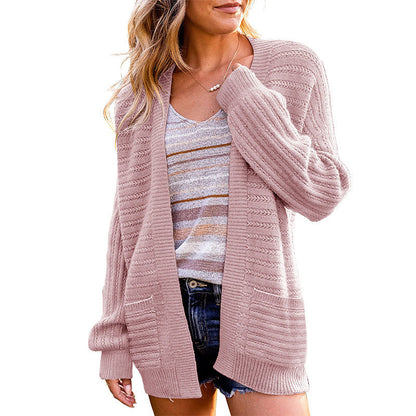 Damen Strickjacke Offen Vorne Strukturiert Beige