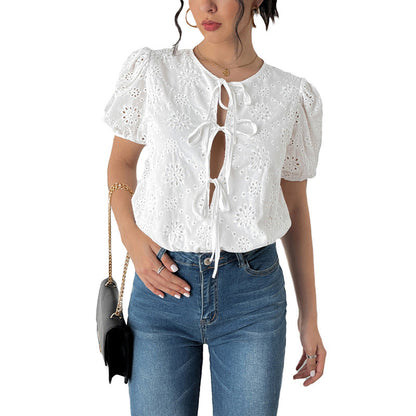 Damen Bluse Puffärmel Blumenmuster Kordelzug Norvielle