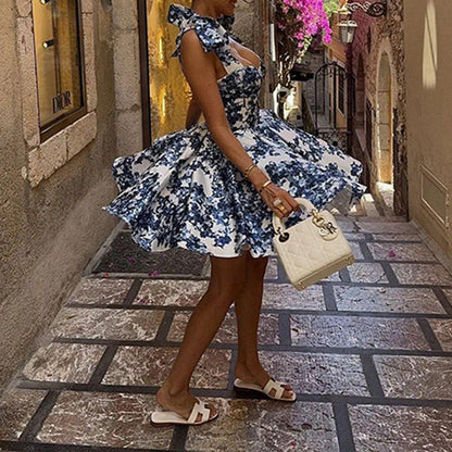 Damen Mini Kleid Blumenmuster Schleifen-Träger Norvielle