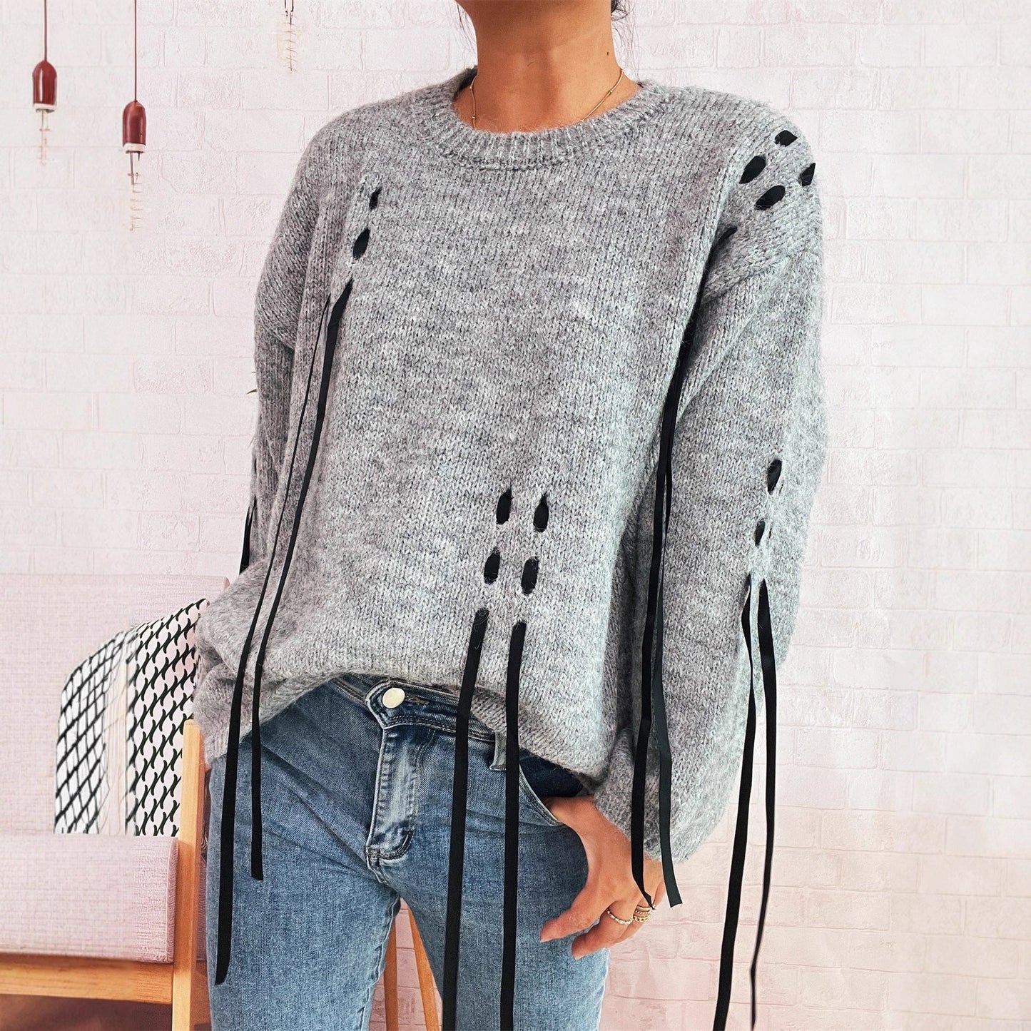 Damen Pullover Schnür-Design Norvielle