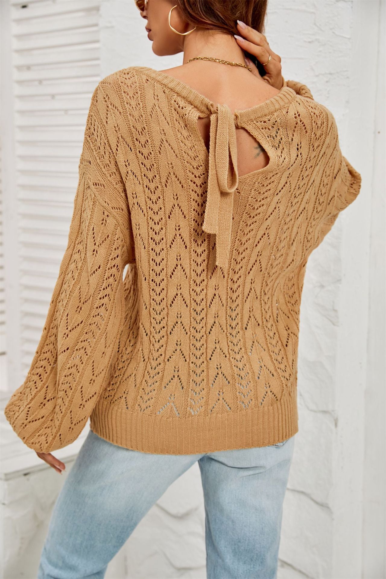 Damen Strickpullover Feinripp Atmungsaktiv Weite Ärmel Beige