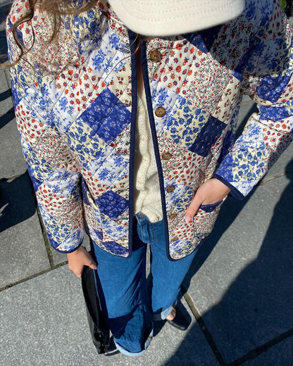 Damen Steppjacke Patchwork Floralmuster mit Knöpfen