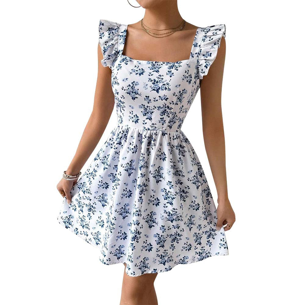 Damen Blumenkleid Sommer Rüschendetails Quadrat-Ausschnitt Norvielle