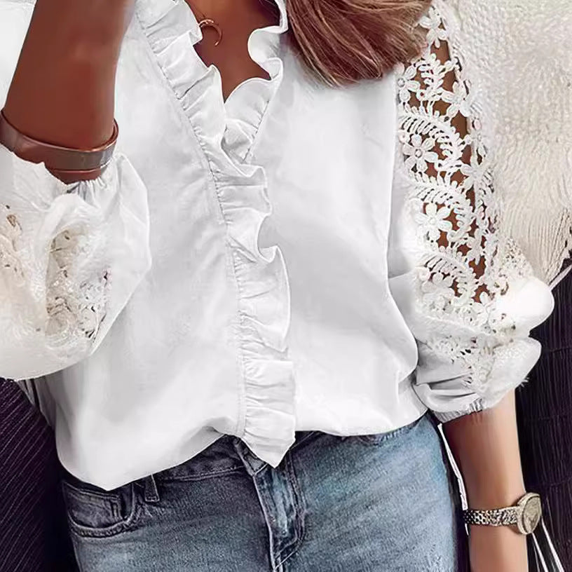 Damen Bluse Rüschendetails Spitzenärmel Elegant Weiß