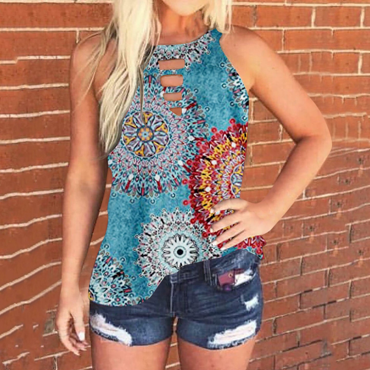 Damen Ärmelloses Oberteil Mandala-Muster Cut-Out