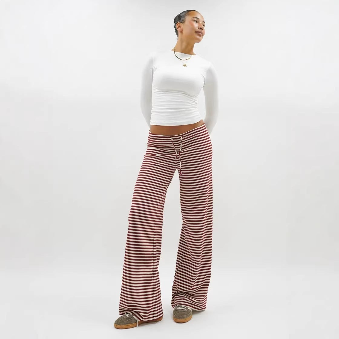 Damen Freizeithosen Hoch Seitenschlitze Streifenmuster Beige