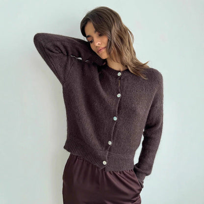 Damen Strickcardigan Weich Knopfverschluss Voluminöse Ärmel Beige