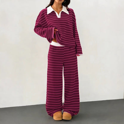 Damen Loungewear-Set mit Kragen Streifen Norvielle