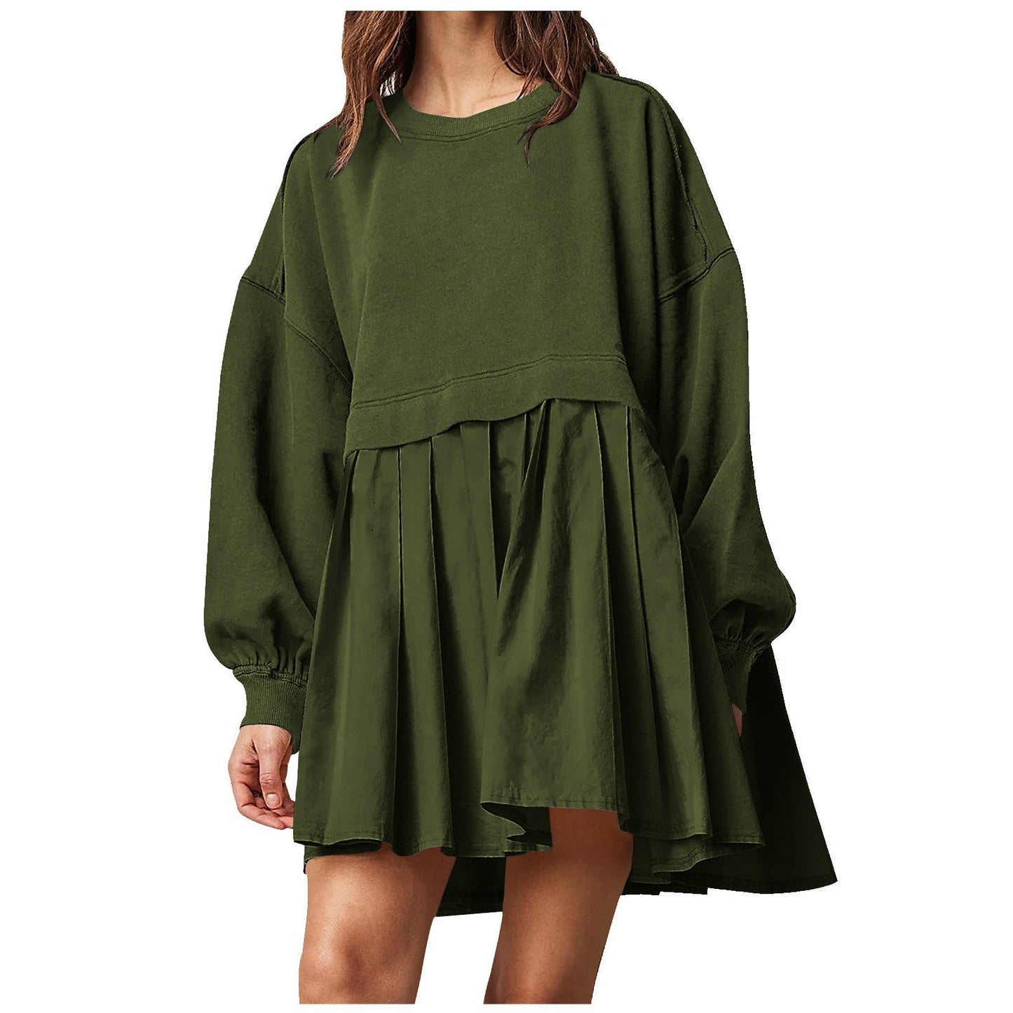 Damen Oversized Sweatshirt Kleid Plissee-Rock Rundhals