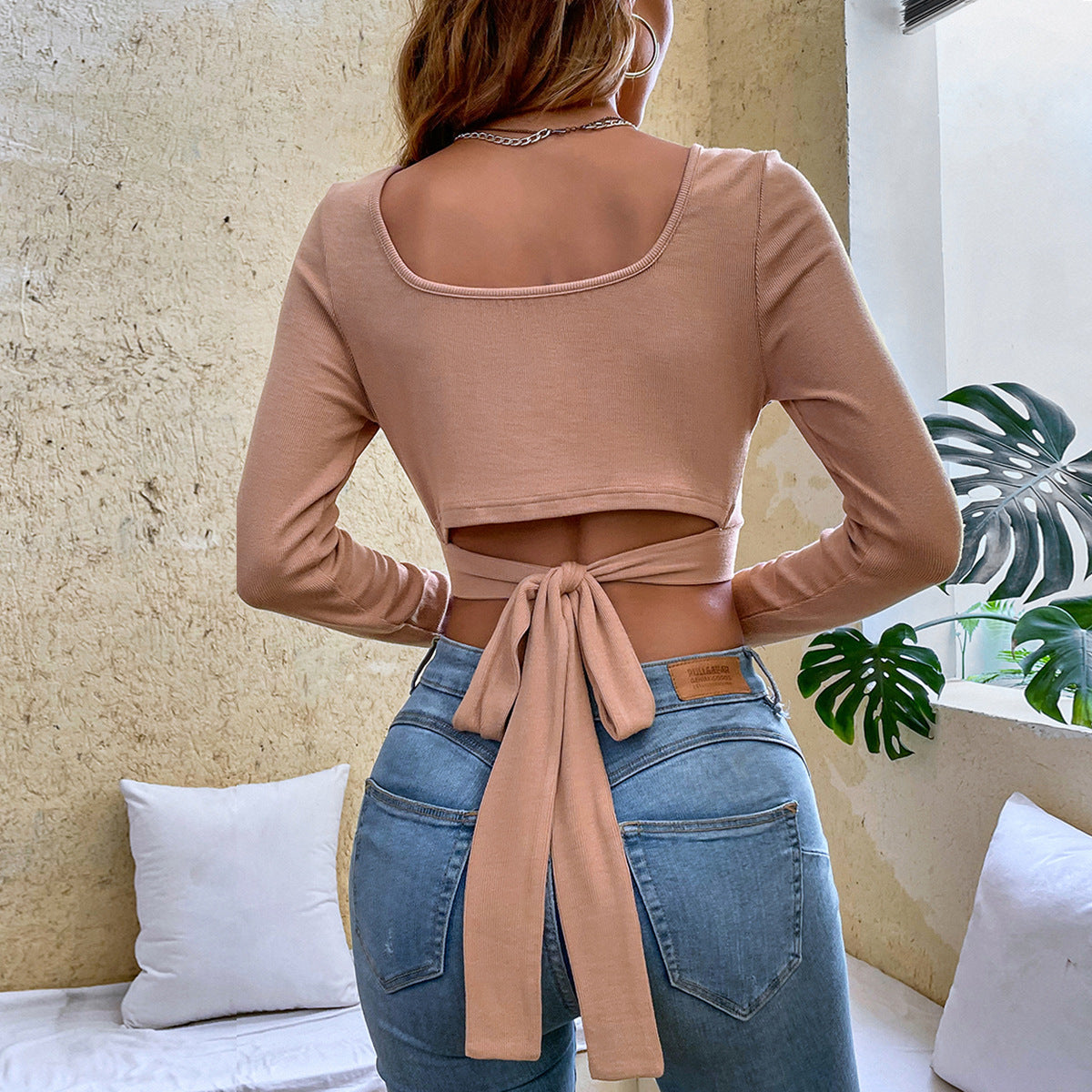 Damen Cropped Langarmshirt Wickeldetail Norvielle - Norvielle