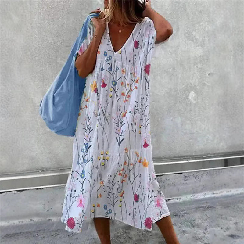 Damen Sommerkleid V-Ausschnitt Volle Rock
